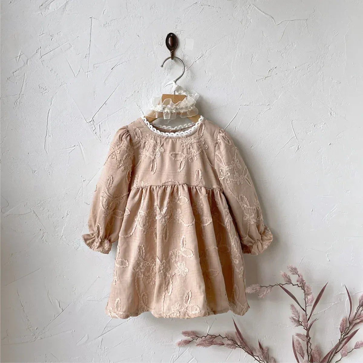 長袖ロンパース khaki dress / 66cm ベビー長袖ロンパース ワンピース フラワー 花柄刺繍 レース 2カラー リンクコーデ 姉妹お揃いコーデ ガールズ 女の子 子供服