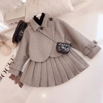 長袖セットアップ khaki gray set / 5T (110-120cm) キッズセットアップ 2点セット ジャケットトップス プリーツスカート スーツ お出かけ カーキ