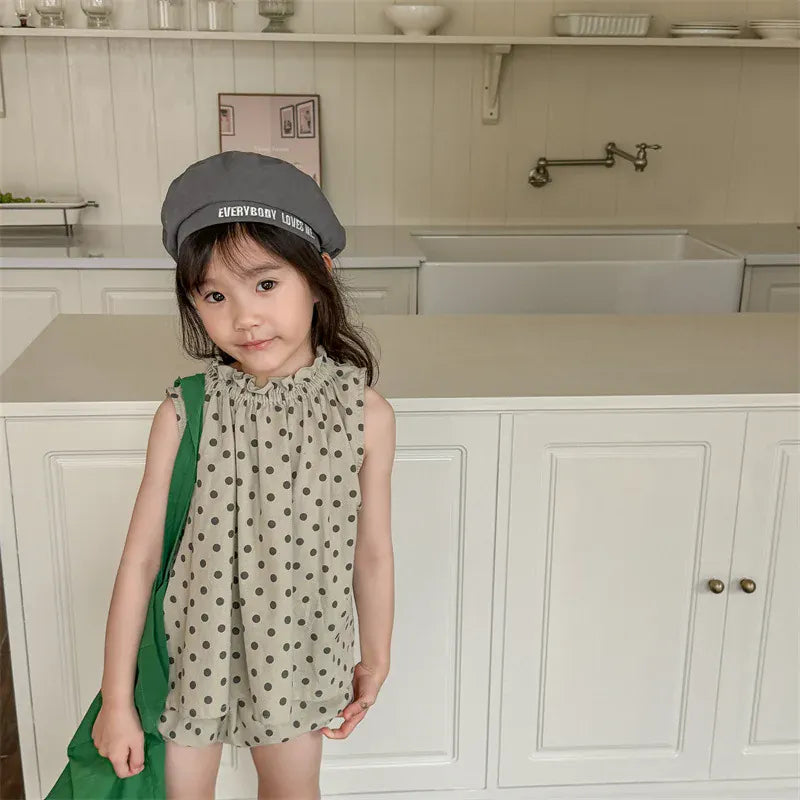 ノースリーブセットアップ khaki green / 80cm キッズセットアップ 2点セット ノースリーブフリルチュニックブラウス+バルーンショートパンツ ブルマ 水玉ドット 2カラー