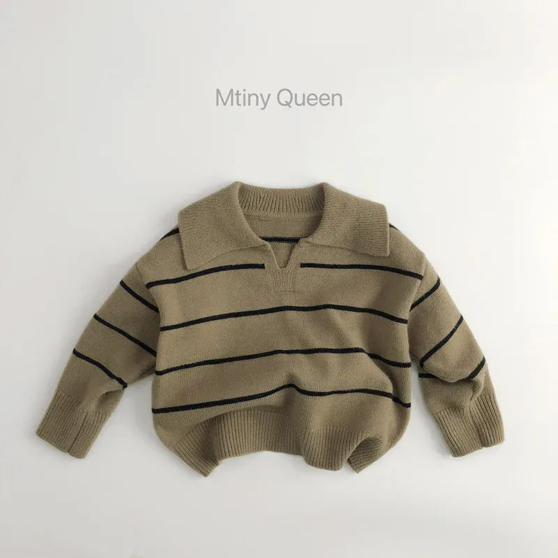 ニット・セーター khaki green / 80cm キッズトップス ニットセーター ボーダー 襟付き Vネック プルオーバー