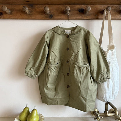 ロングコート Khaki Green / 90cm 丸襟ミドル丈アウターコート ギャザー切り替えジャケット【mh0011052】