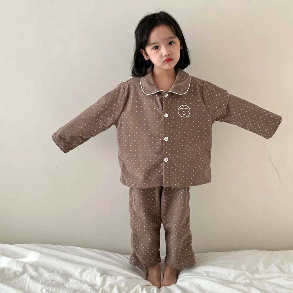 長袖パジャマ khaki one set / 80cm キッズパジャマ 長袖パジャマセット 水玉ドットプリント 長袖シャツ ロングパンツ カーキ/ネイビーブルー/2カラー