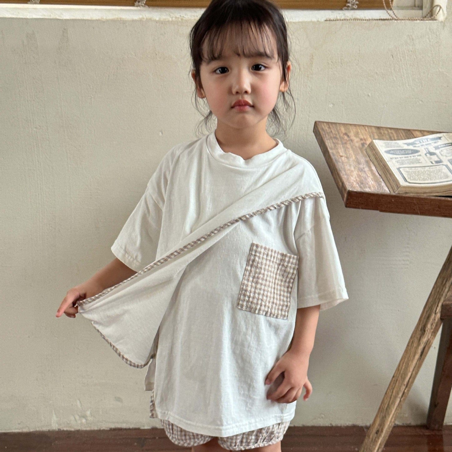 半袖セットアップ Khaki Plaid / 12M/80cm キッズ セットアップ チェック 半袖 アシメ デザイン Tシャツ ショートパンツ カーキ グレー ユニセックス 5729C