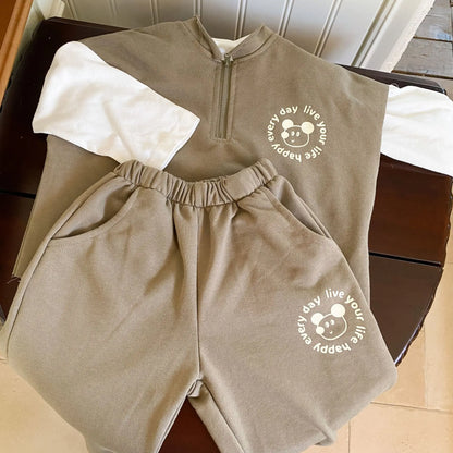 長袖セットアップ khaki set / 12M  80cm キッズセットアップ 2点セット 長袖ドッキングジッパーシャツ+ロングスウェットパンツ ワンポイントプリント 2カラー