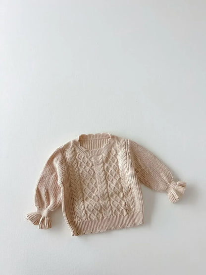 長袖セットアップ khaki sweater / 73cm 6-9M ベビーキッズトップス/パンツ アラン編みケーブルニットセーター/裾フリルニットロングパンツ 2カラー【mh0007151】