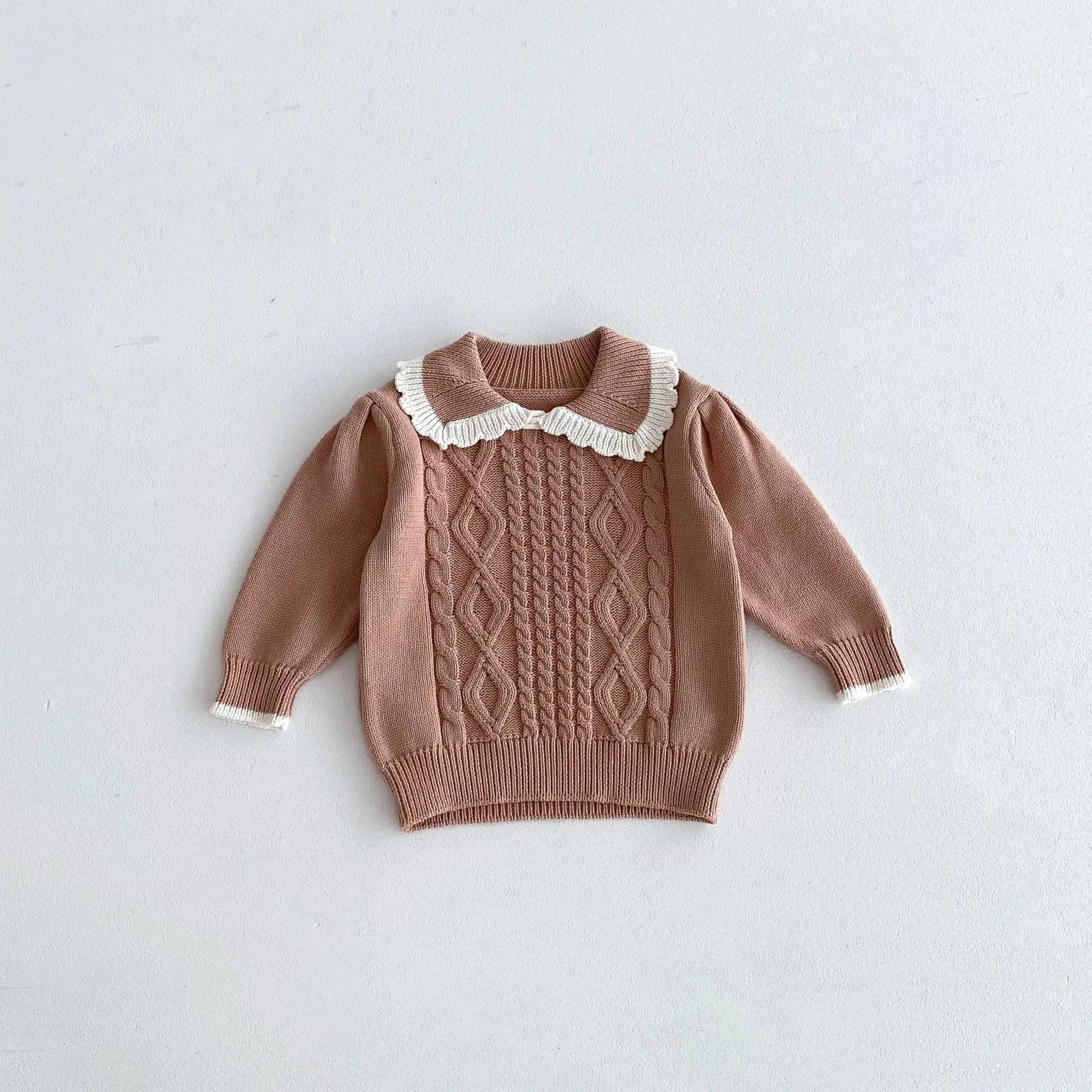 長袖セットアップ khaki tops / 12M  80CM キッズトップス/スカート ニットフリル襟セーター/ニットプリーツスカート 2カラー