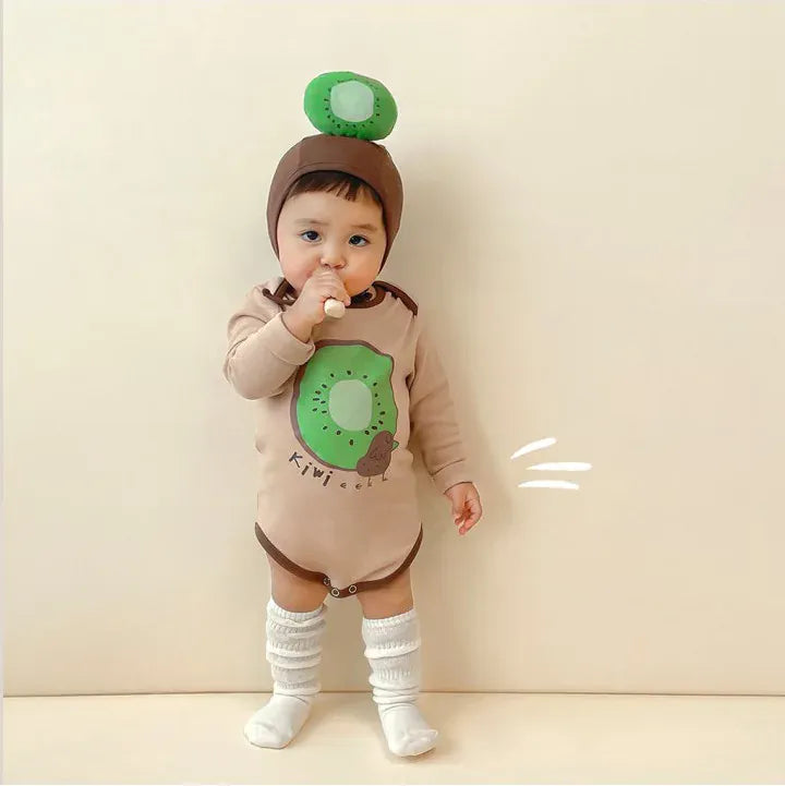 長袖ロンパース kiwi fruit / 66cm 0-6m ベビーロンパース 帽子セット キウイ 長袖ボディスーツ コスチューム【mh0004644】