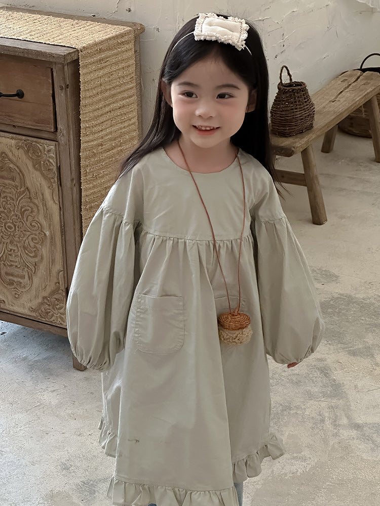 長袖ワンピース Lace Puff Sleeve Ruffle Dress レース パフスリーブ 裾フリル ワンピース【mh0012239】