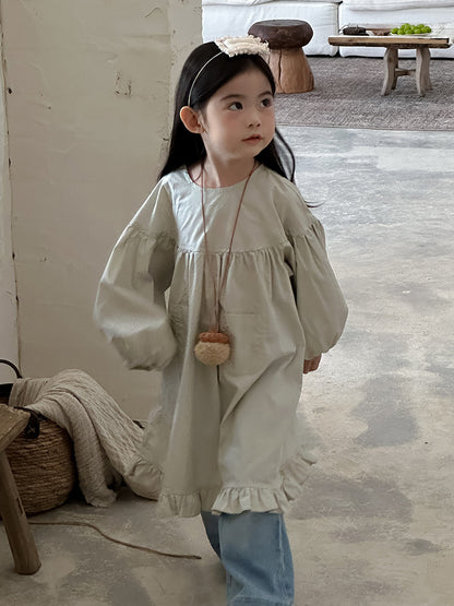 長袖ワンピース Lace Puff Sleeve Ruffle Dress レース パフスリーブ 裾フリル ワンピース【mh0012239】