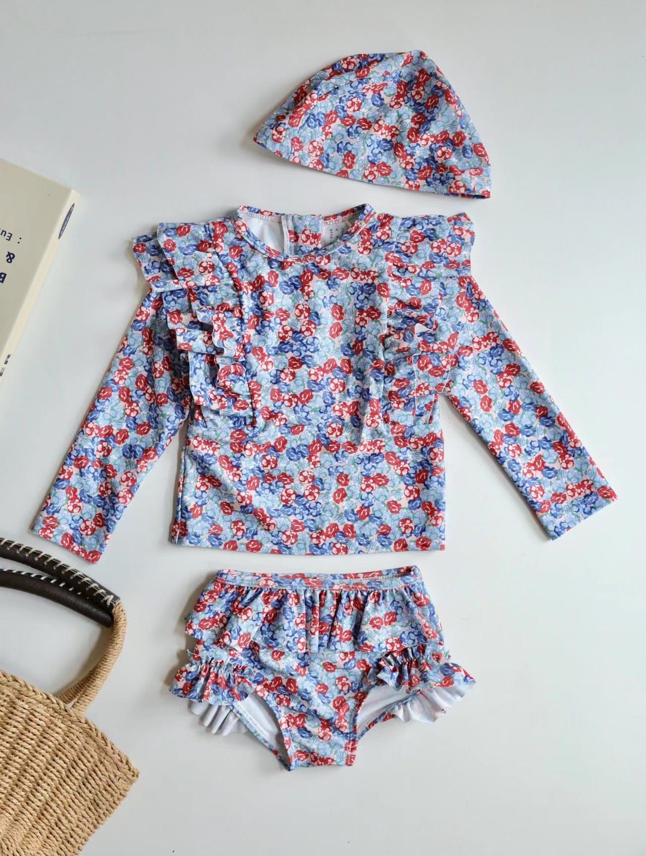 ベビー用水着 Lace split swimsuit roses / 80 キッズ水着 ガールズ長袖セパレートフリルスイムウェア チェリー/フラワー 帽子セット【mh0009084】