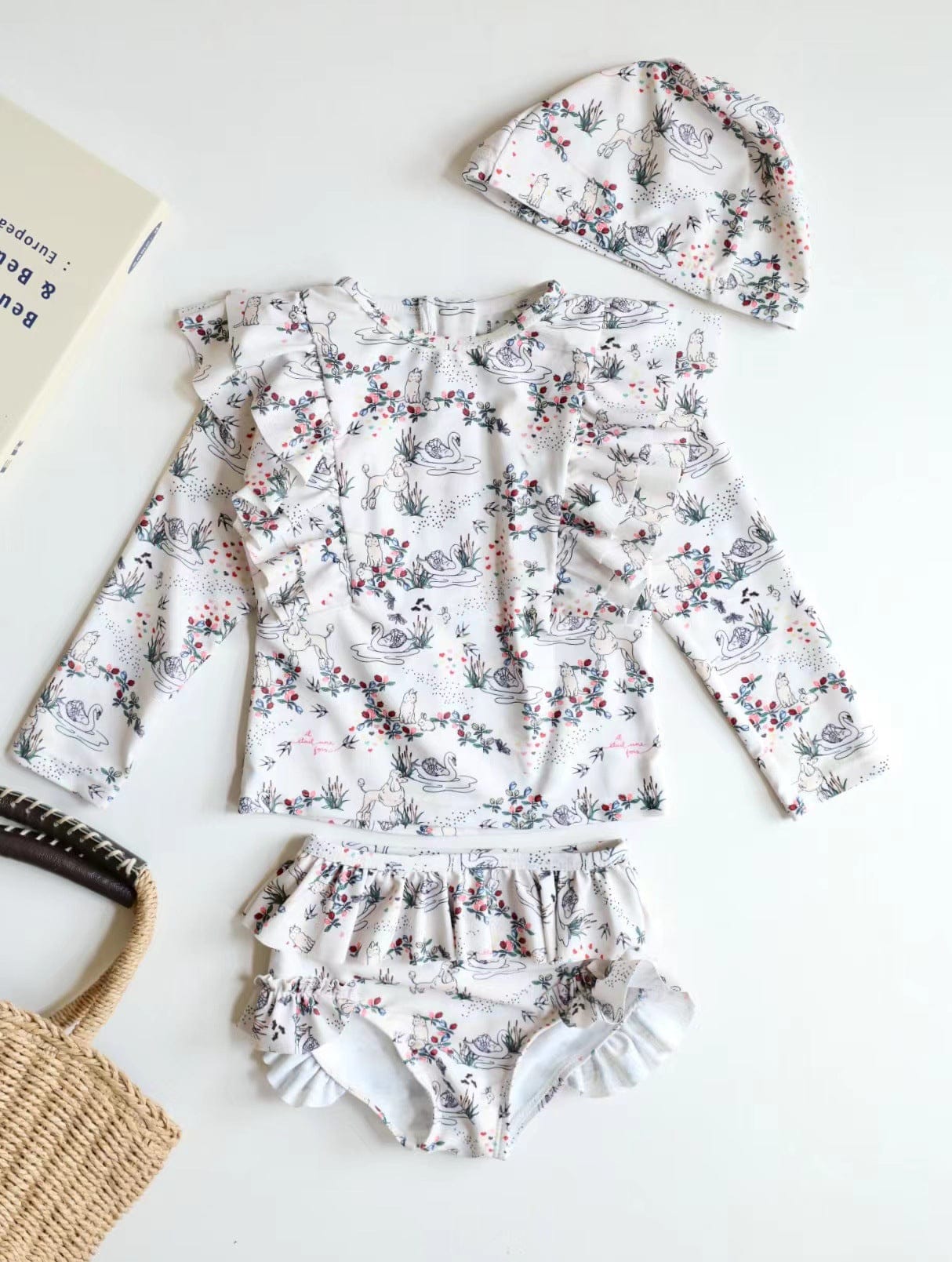 ベビー用水着 Lace split swimsuit swan / 80 キッズ水着 ガールズ長袖セパレートフリルスイムウェア チェリー/フラワー 帽子セット【mh0009084】