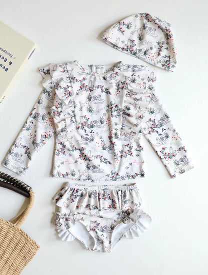 ベビー用水着 Lace split swimsuit swan / 80 キッズ水着 ガールズ長袖セパレートフリルスイムウェア チェリー/フラワー 帽子セット【mh0009084】