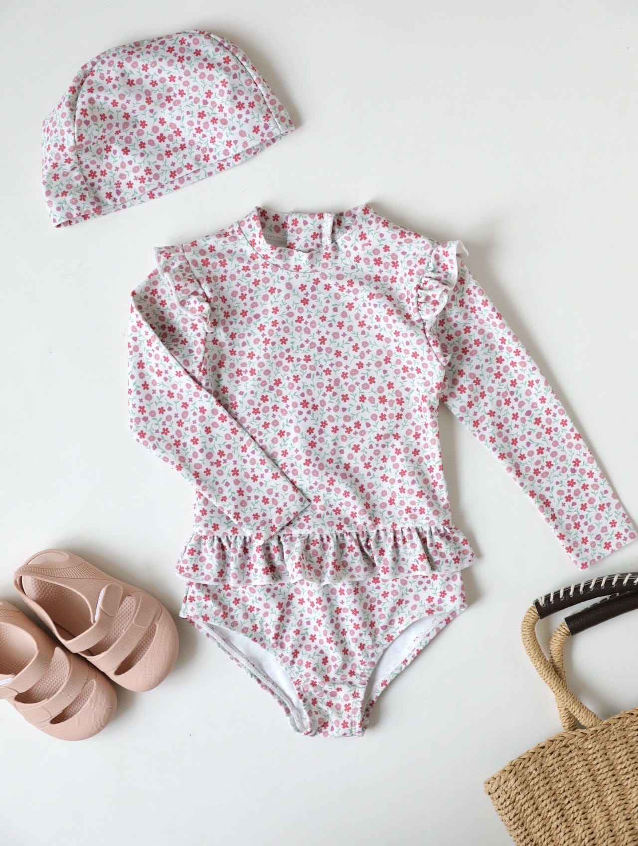 ベビー用水着 lace swimsuit small pink flowers / 80 ガールズ水着 長袖ワンピーススイムウェア ラッシュガード【mh0009347】