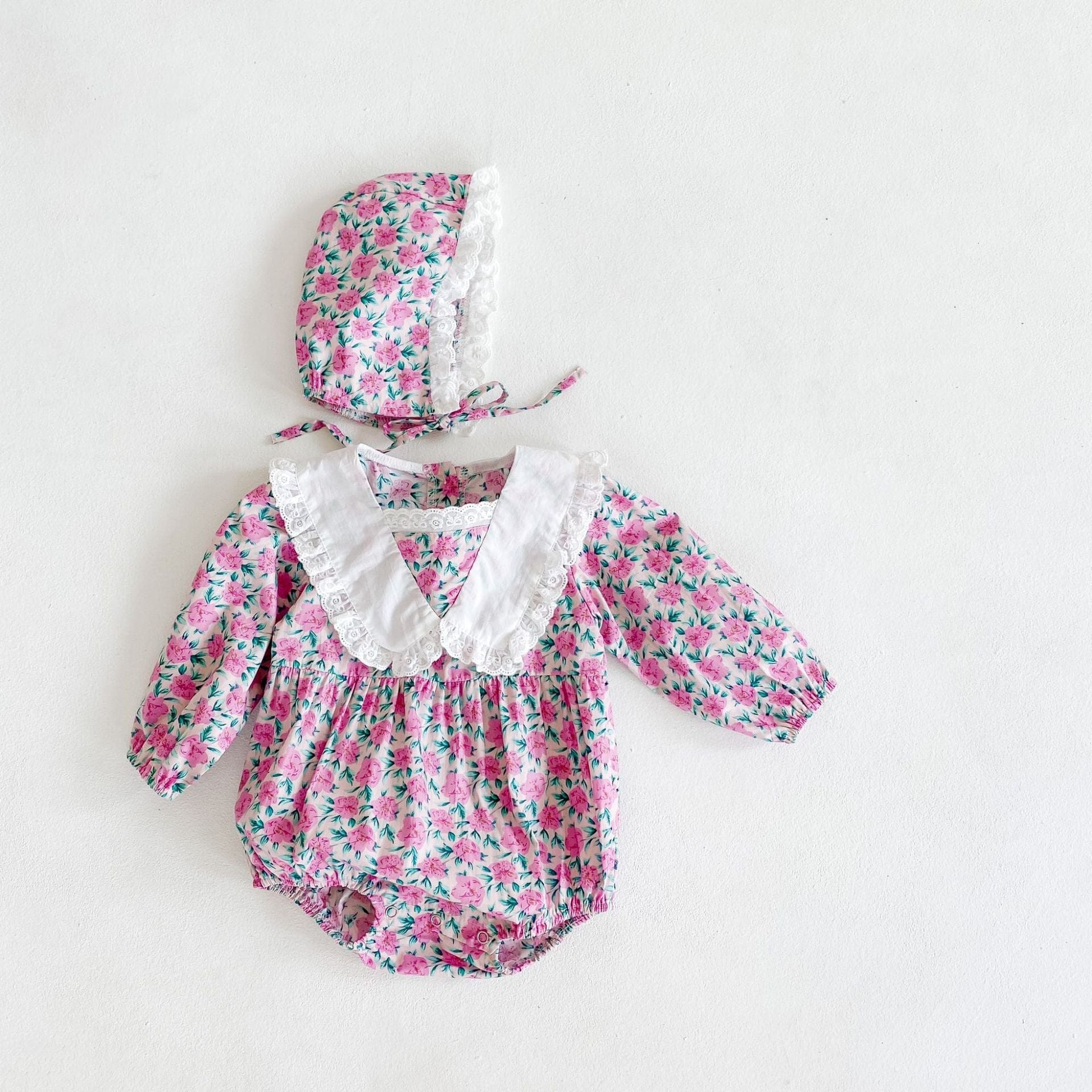 長袖ロンパース Lavender / 66cm ベビー フラワー ビッグカラー フリル ロンパース ボンネット 帽子 セット
