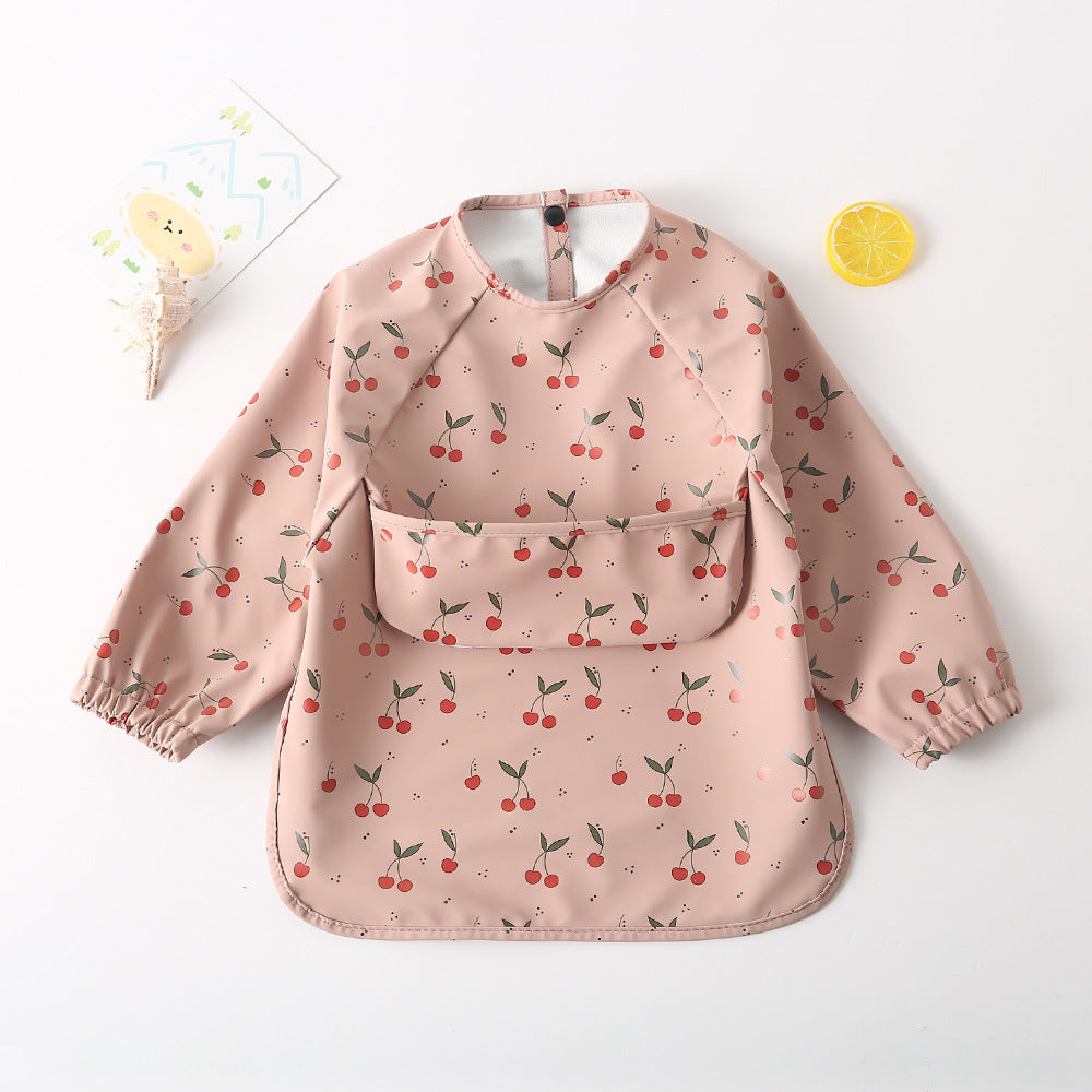 よだれかけ leaf cherry / S Long Sleeve PU Waterproof Bib 長袖 PU 防水 お食事エプロン【mh0012236】
