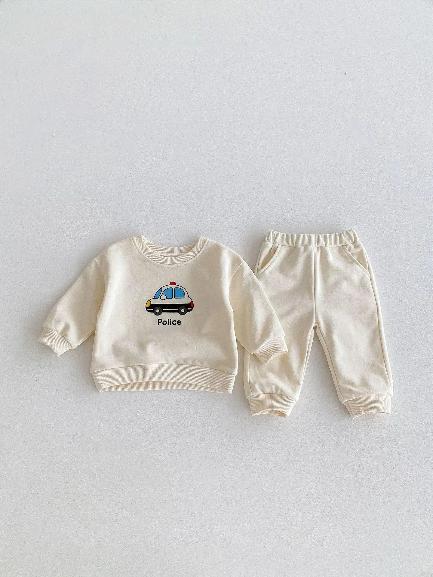 長袖セットアップ leight beige set / 9M  73cm ベビーキッズセットアップ 2点セット パトカー/バス乗り物プリント長袖スウェットシャツ+ロングスウェットパンツ 2カラー