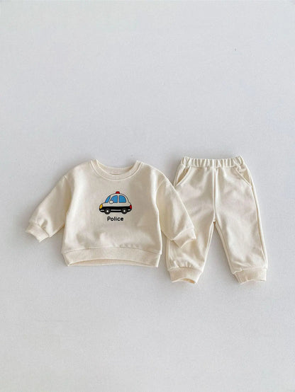 長袖セットアップ leight beige set / 9M  73cm ベビーキッズセットアップ 2点セット パトカー/バス乗り物プリント長袖スウェットシャツ+ロングスウェットパンツ 2カラー