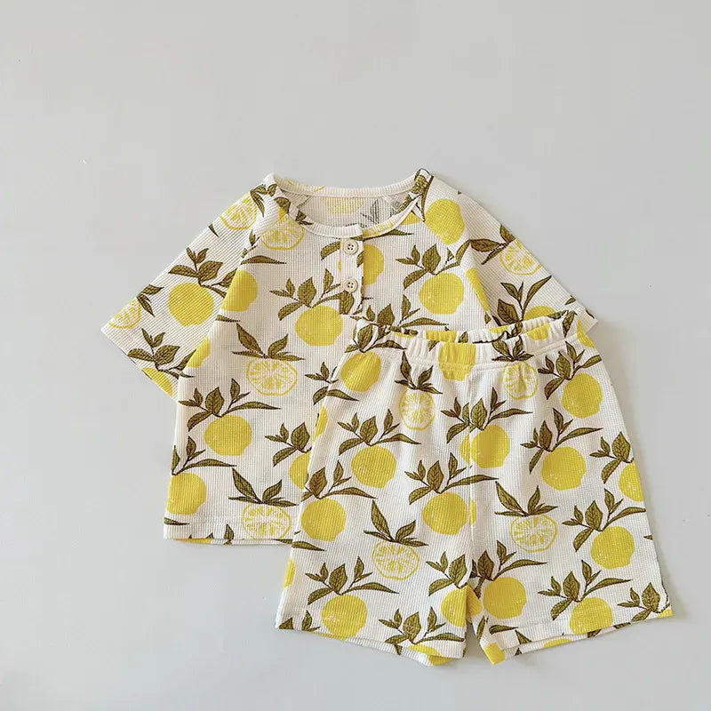 半袖セットアップ lemon / 12M 80cm キッズセットアップ 2点セット ヘンリーネック 半袖Tシャツ+ショートパンツ ルームウェア アニマルプリント【mh0006510】