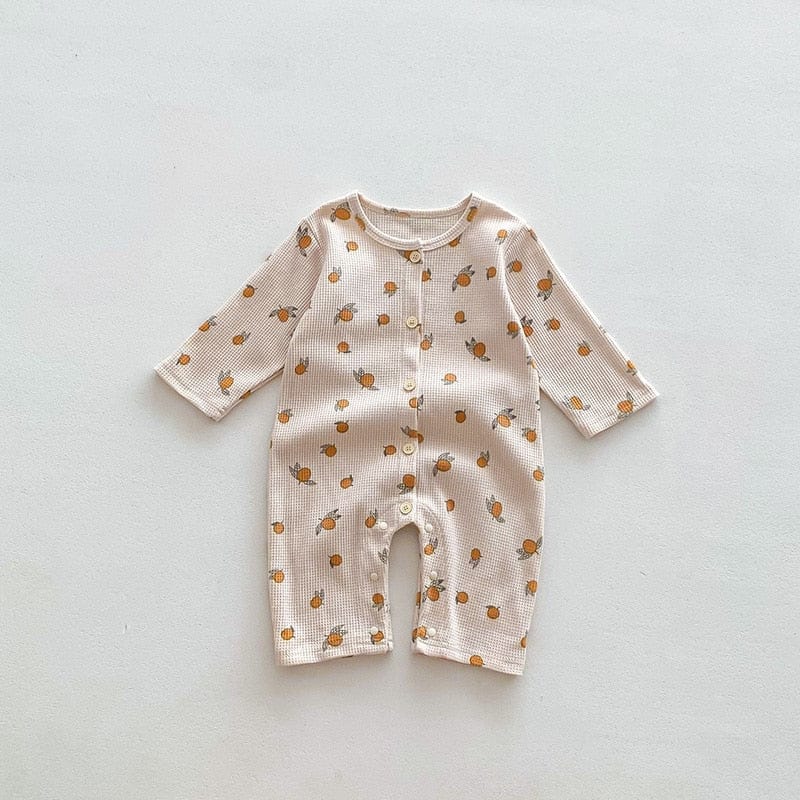長袖ロンパース lemon / 66cm ベビー ワッフル 長袖 ロンパース レモン 洋梨 フラワー 花柄 オレンジ ユニセックス