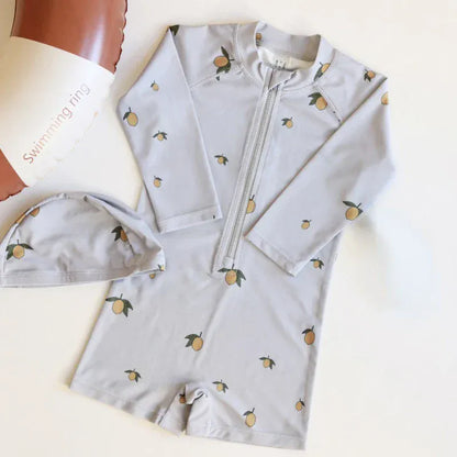 ベビー用水着 lemon / 80cm キッズ水着 ボーイズ 長袖ジップアップつなぎ ワンピース+帽子セット アニマルサファリ/レモンプリント スイムウェア 3カラー【mh0005983】