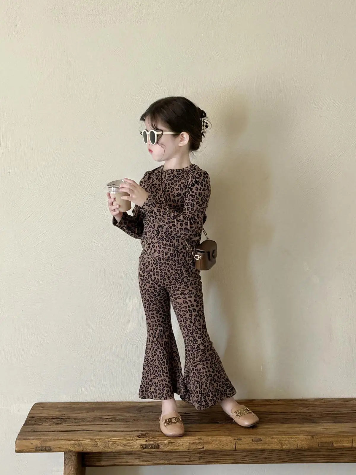 長袖セットアップ Leopard / 90cm 24M キッズセットアップ 2点セット レオパードヒョウ柄プリント長袖Tシャツ+フレアロングパンツ【mh0008592】