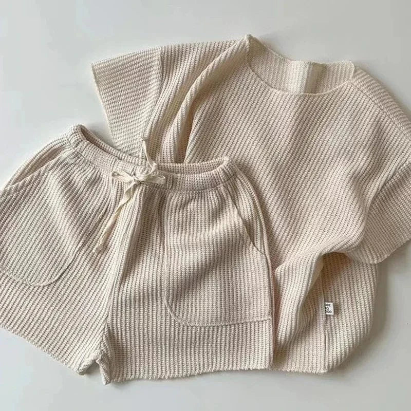 半袖セットアップ Light Beige / 80CM  12M ☺︎ キッズセットアップ 2点セット 半袖Tシャツ+ショートパンツ シンプルベーシック