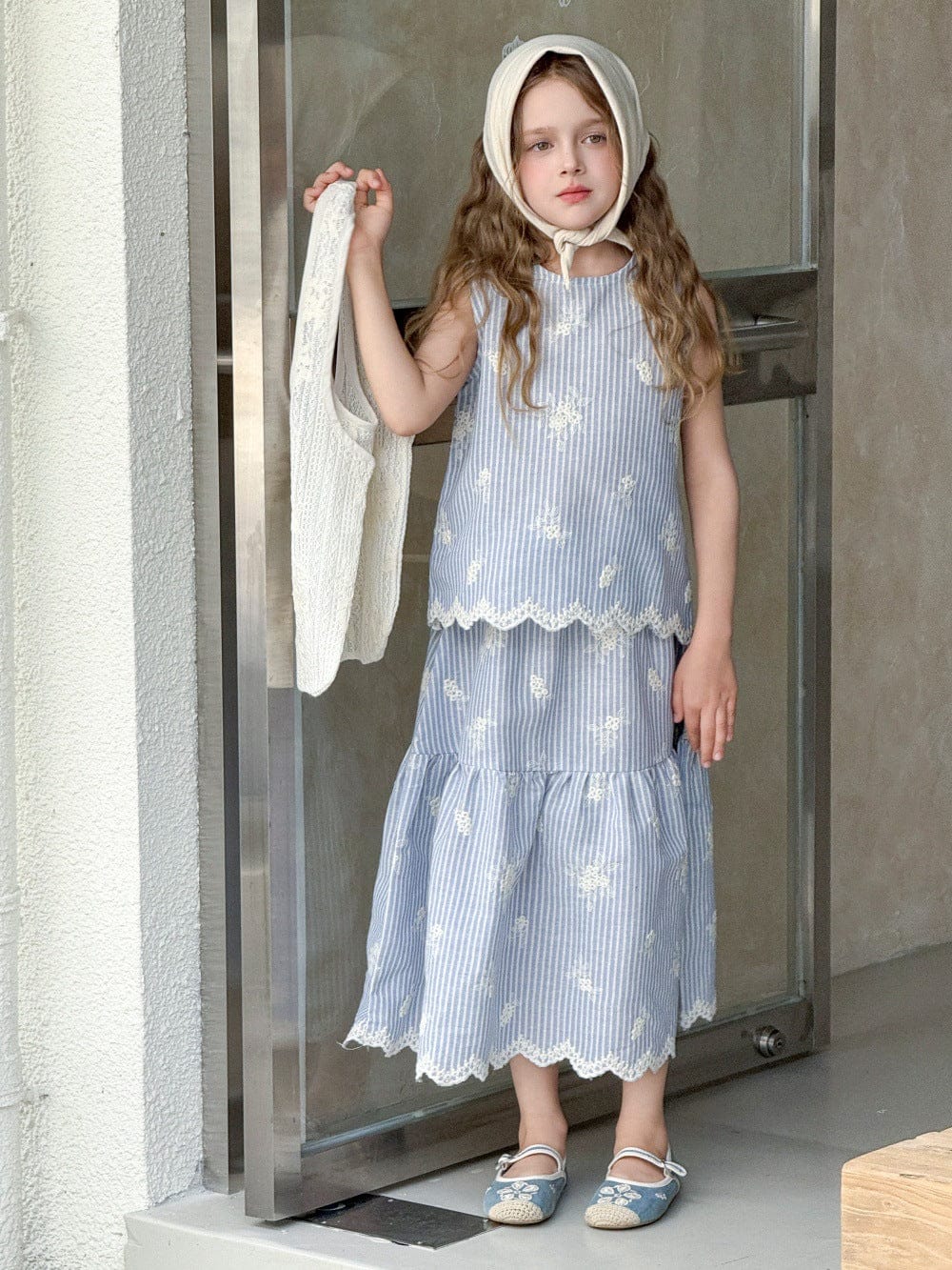 ノースリーブセットアップ Light Blue / 100cm ストライプ刺繍ノースリーブブラウス+スカートセットアップ 2点セット【mh0010392】