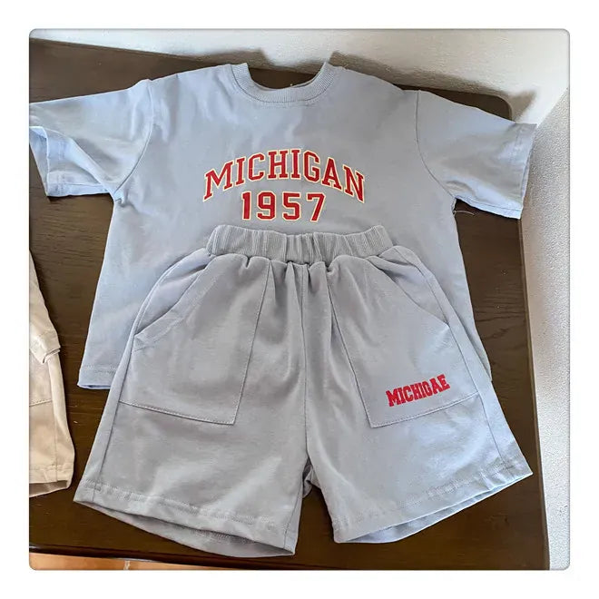 半袖セットアップ light blue / 18M (80) キッズセットアップ 2点セット 半袖Tシャツ+ハーフパンツ レターロゴプリント 2カラー