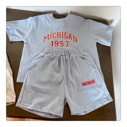 半袖セットアップ light blue / 18M (80) キッズセットアップ 2点セット 半袖Tシャツ+ハーフパンツ レターロゴプリント 2カラー