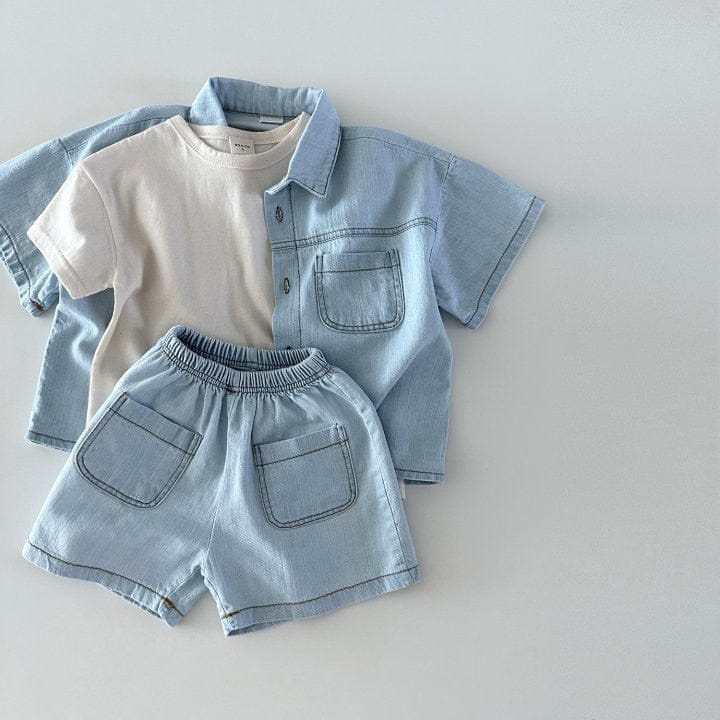 半袖セットアップ Light Blue 2pc set / 80cm ☺︎ キッズ デニム セットアップ 半袖 シャツ ショートパンツ ダークブルー ライトブルー ボーイズ
