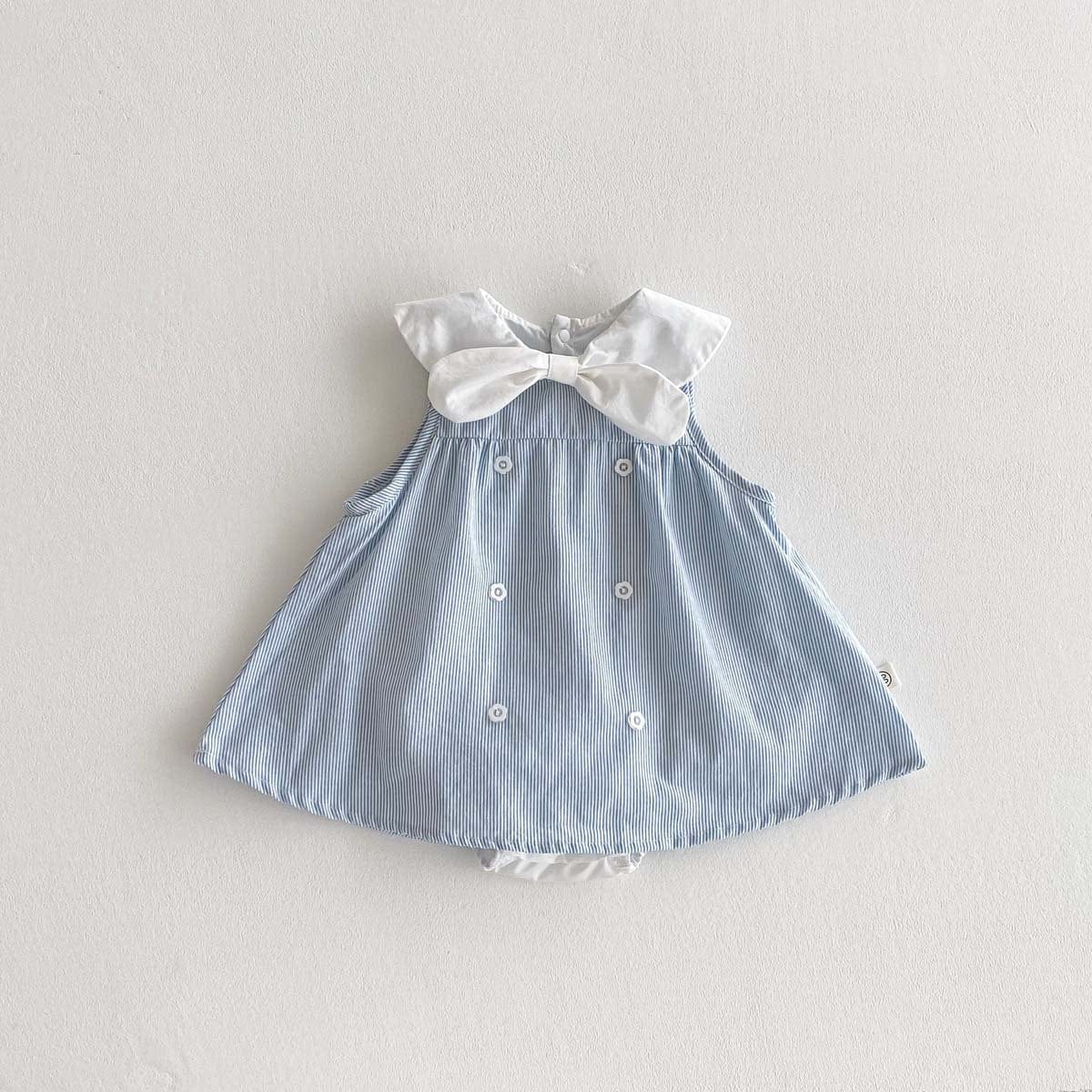 ノースリーブロンパース Light Blue / 66cm ストライプリボン襟ノースリーブワンピースロンパース【mh0010301】