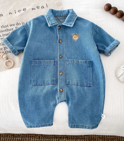 長袖ジャンプスーツ Light Blue / 6M 66cm ベビージャンプスーツ デニム 長袖シャツつなぎ ベアくまワンポイント 2カラー【mh0006506】