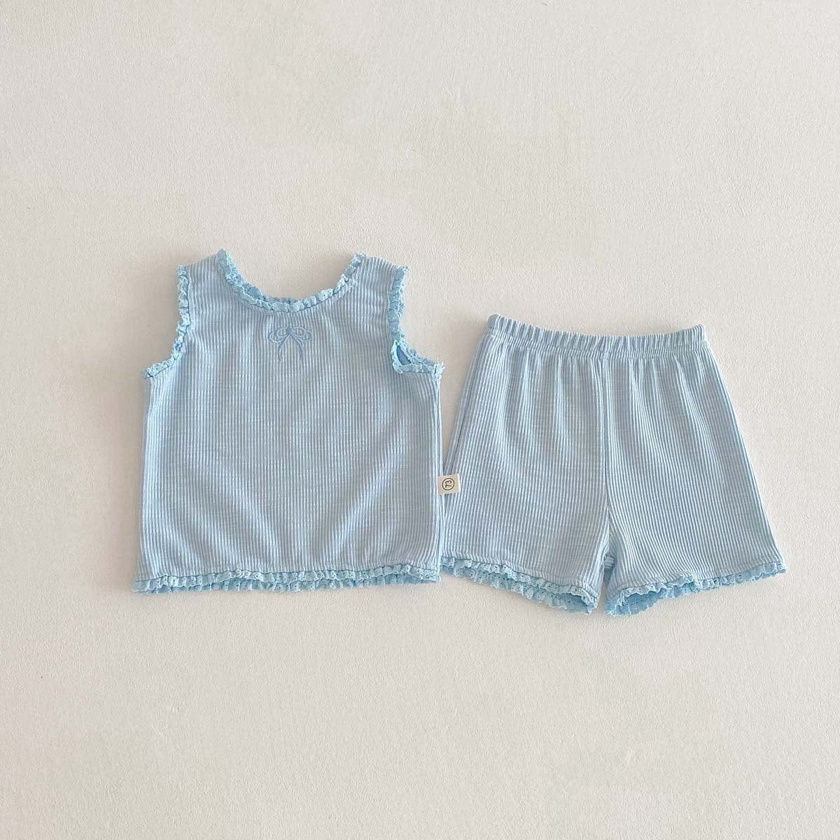 ノースリーブセットアップ Light Blue / 73cm リボンフリルタンクトップ+ショートパンツセットアップ 2点セット【mh0010339】