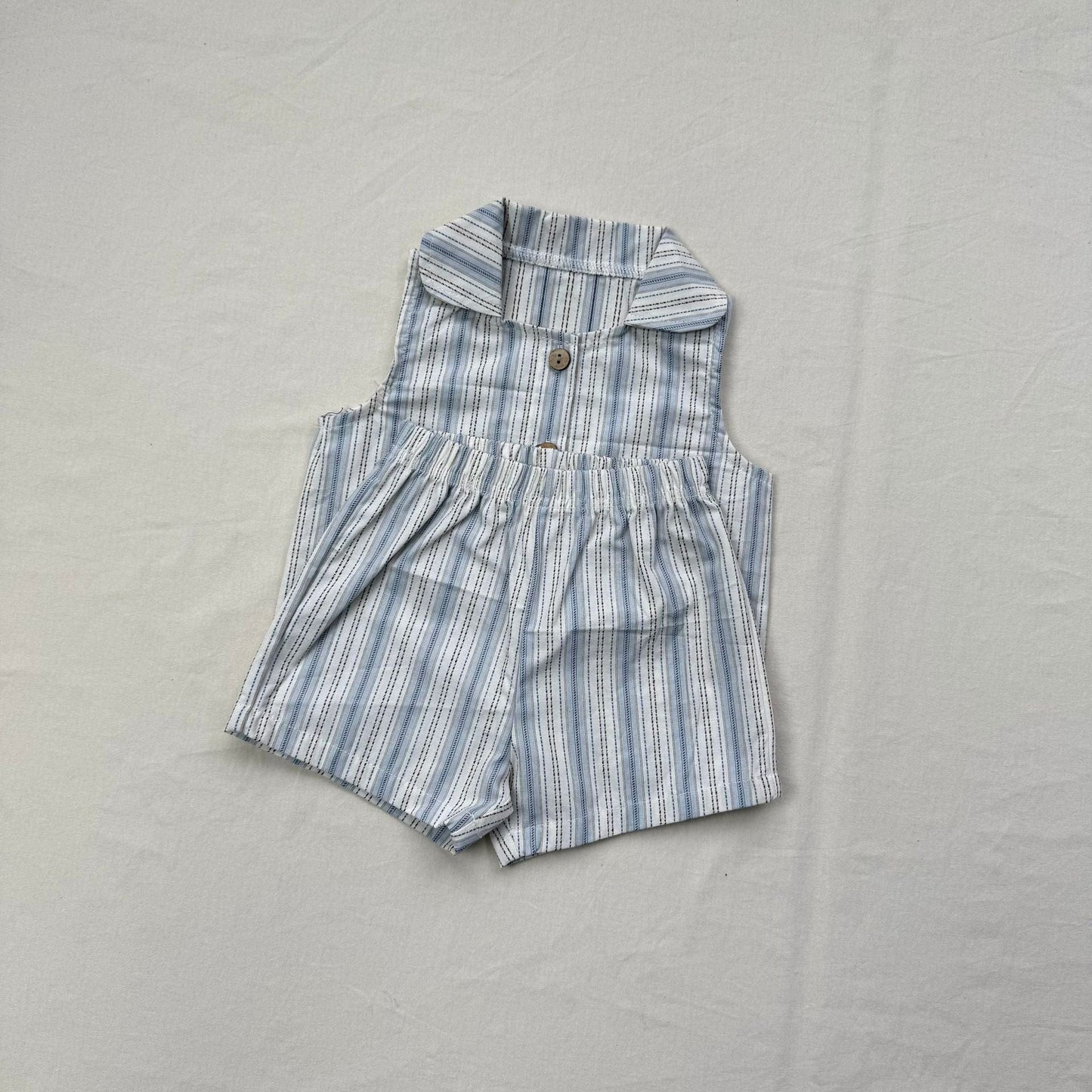ノースリーブセットアップ Light Blue / 73cm ストライプ襟付きノースリーブシャツ+ショートパンツセットアップ 2点セット【mh0010413】
