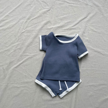 半袖セットアップ Light Blue / 73cm シンプル半袖セットアップ 2点セット バイピング半袖Tシャツ+ショートパンツ【mh0009276】