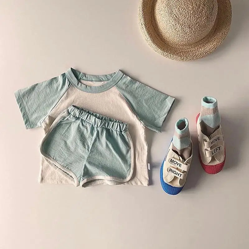 半袖セットアップ light blue / 9M  73cm キッズセットアップ 2点セット パッチワーク カラフル 半袖Tシャツ+ショートパンツ ユニセックス