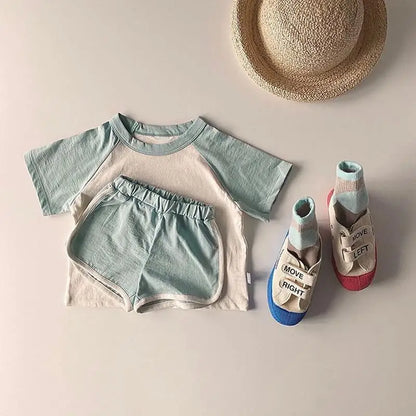半袖セットアップ light blue / 9M  73cm キッズセットアップ 2点セット パッチワーク カラフル 半袖Tシャツ+ショートパンツ ユニセックス