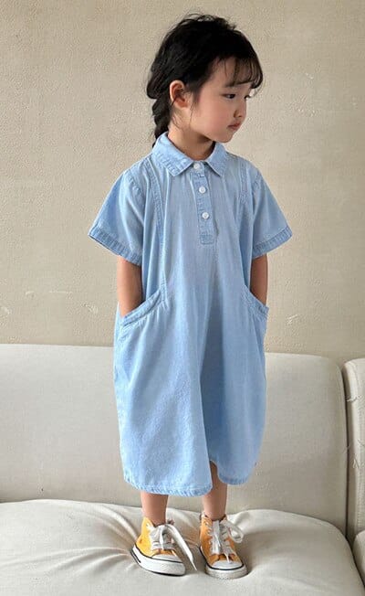 半袖ワンピース light blue dress / 18M/80cm キッズ デニム ボーイズ セットアップ 半袖 シャツ ショートパンツ ガールズ 半袖シャツ ワンピース リンク 兄弟 姉妹 お揃い コーデ