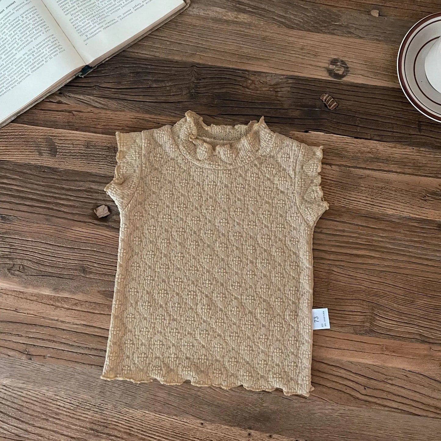 タンクトップ・キャミソール・ノースリーブトップス Light Coffee / 73cm キッズトップス スタンドフリルカラー ノースリーブTシャツ レースニット 2カラー【mh0006111】