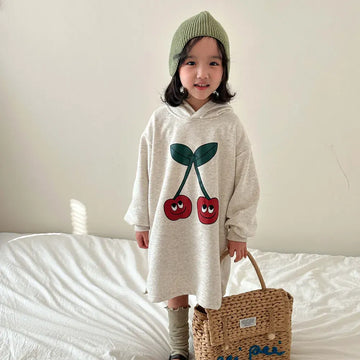 長袖ワンピース light gray / 80cm キッズワンピース フーディスウェット長袖ワンピース チェリーさくらんぼプリント ピンク/ライトグレー/2カラー