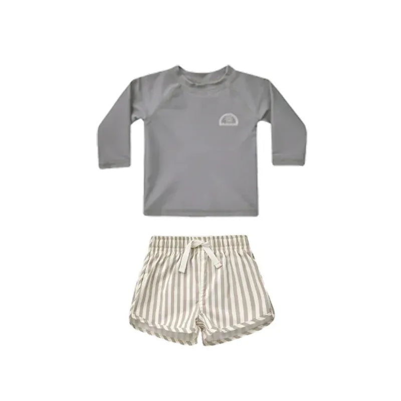 ベビー用水着 Light Gray / 80cm キッズ水着 ボーイズ 長袖 セパレート トップス+パンツ ストライプ/チェック スイムウェア【mh0005994】