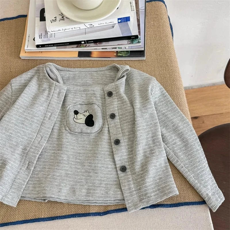 長袖セットアップ light gray set / 12M  80cm キッズトップスセット 犬ドッグパッチワークキャミソール+カーディガン アンサンブルトップス 2カラー