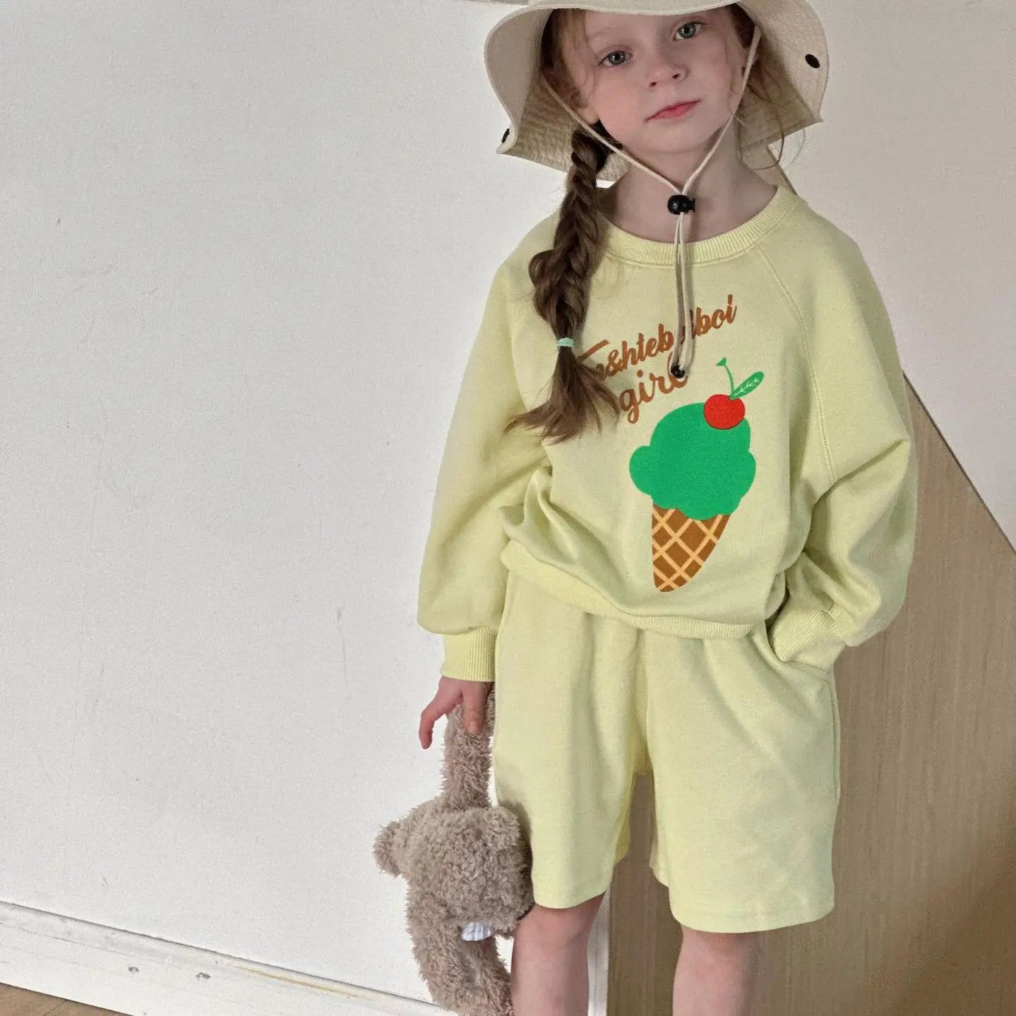 長袖セットアップ light green 1 / 2T  90cm キッズセットアップ 2点セット 長袖Tシャツ ハーフパンツ プリント柄 3カラー