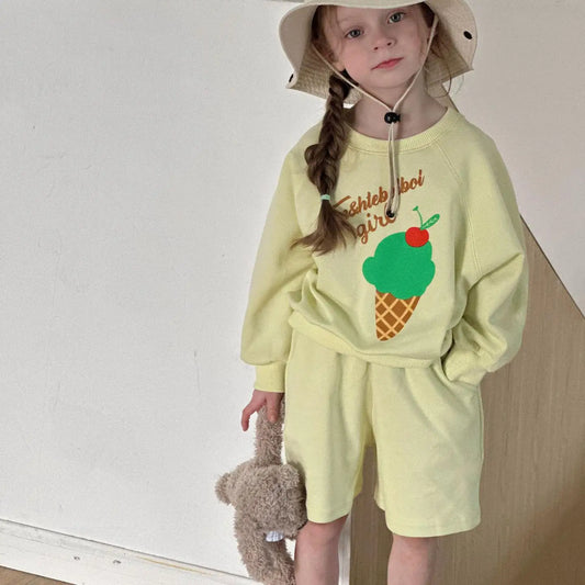 長袖セットアップ light green 1 / 2T  90cm キッズセットアップ 2点セット 長袖Tシャツ ハーフパンツ プリント柄 3カラー