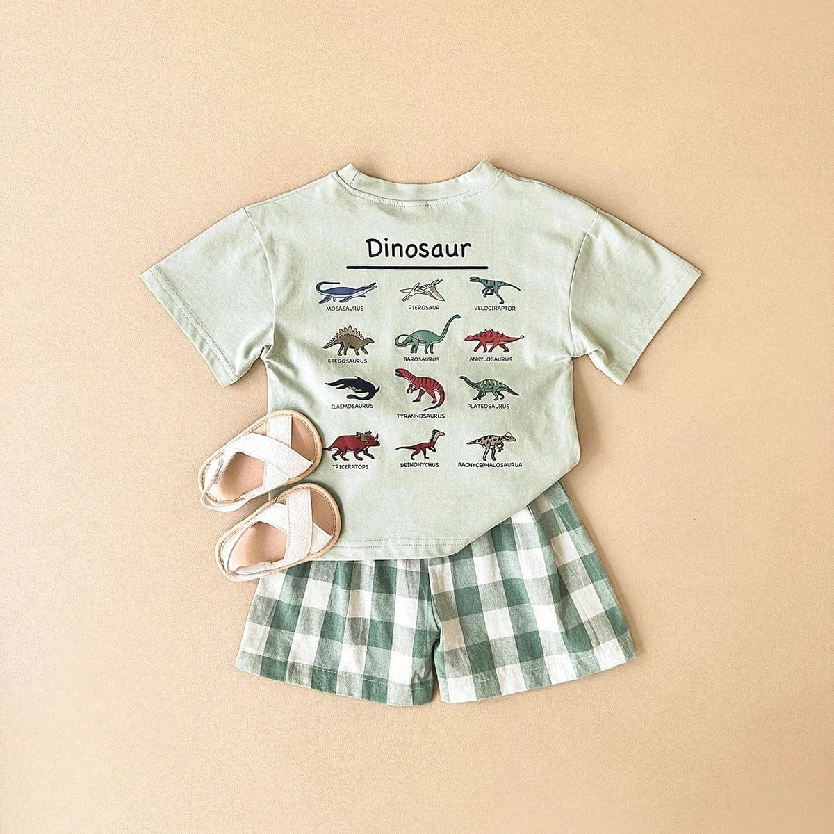半袖セットアップ Light Green / 6-9M 66cm ベビーセットアップ 2点セット 半袖プリントTシャツ+チェックショートパンツ ダイナソー恐竜プリント【mh0005634】