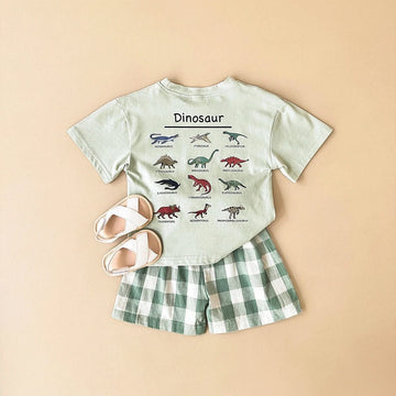 半袖セットアップ Light Green / 6-9M 66cm ベビーセットアップ 2点セット 半袖プリントTシャツ+チェックショートパンツ ダイナソー恐竜プリント【mh0005634】