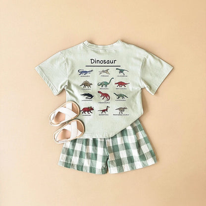 半袖セットアップ Light Green / 6-9M 66cm ベビーセットアップ 2点セット 半袖プリントTシャツ+チェックショートパンツ ダイナソー恐竜プリント【mh0005634】