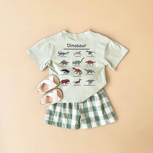 半袖セットアップ Light Green / 6-9M 66cm ベビーセットアップ 2点セット 半袖プリントTシャツ+チェックショートパンツ ダイナソー恐竜プリント【mh0005634】