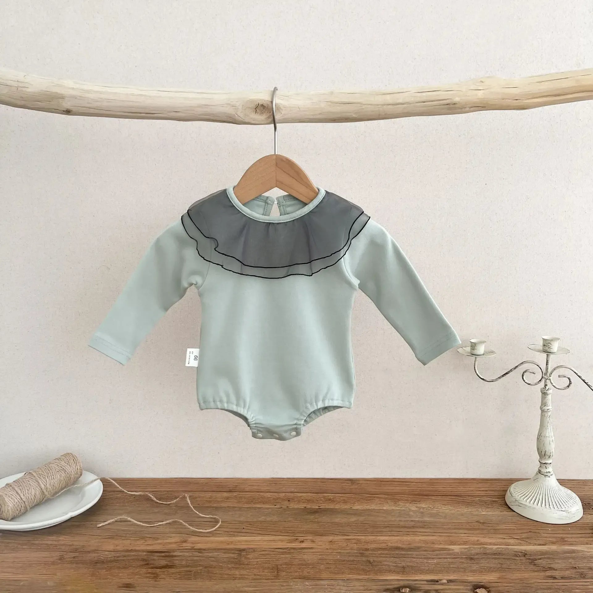 長袖ロンパース Light Green / 6M  66CM ベビーロンパース 長袖ボディスーツ フリルチュチュ襟 2カラー【mh0006348】