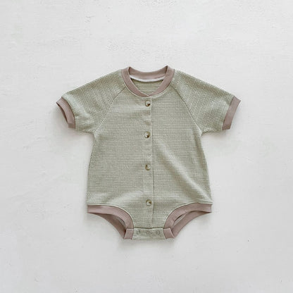 半袖ロンパース Light Green / 6M/66cm ベビー ワッフル バイピング 半袖 ロンパース ライトグリーン ベージュ ユニセックス【mh0002012】